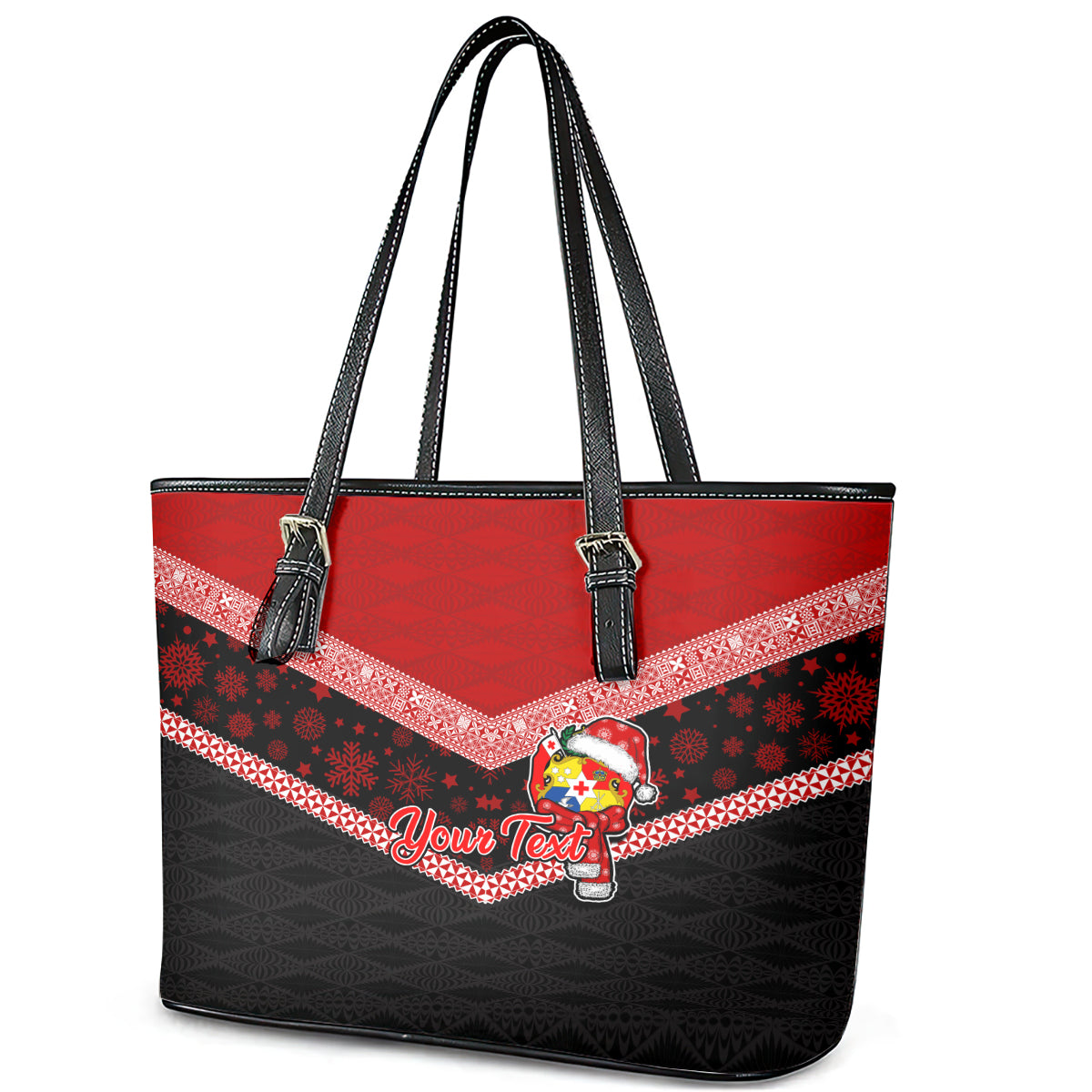 Personalised Tonga Christmas Leather Tote Bag Tongan Coat of Arms Santa With Ngatu Pattern Christmas Red Style LT03 - Polynesian Pride