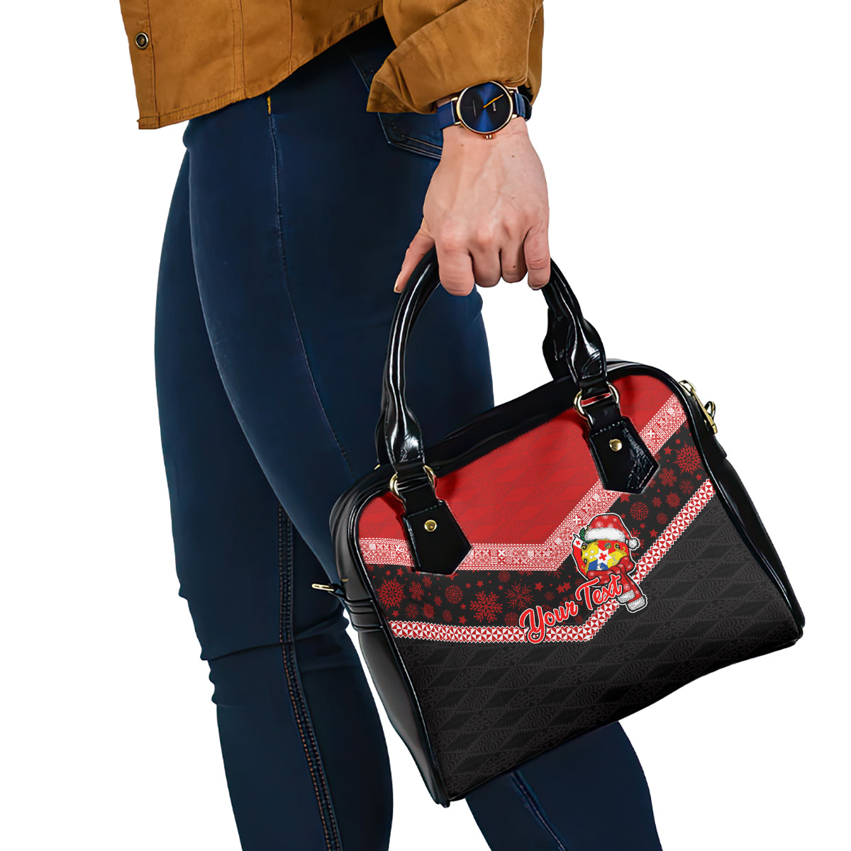 Personalised Tonga Christmas Shoulder Handbag Tongan Coat of Arms Santa With Ngatu Pattern Christmas Red Style LT03 - Polynesian Pride