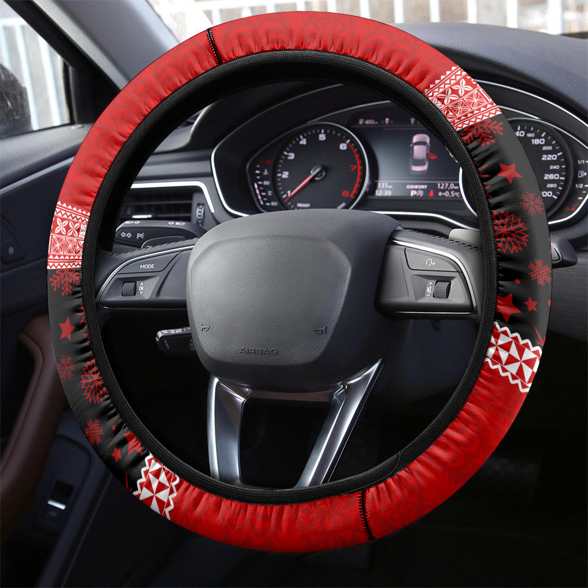 Tonga Christmas Steering Wheel Cover Tongan Coat of Arms Santa With Ngatu Pattern Christmas Red Style LT03 - Polynesian Pride