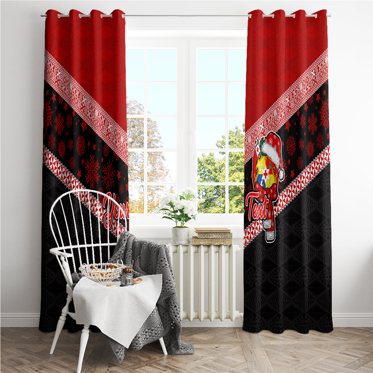 Personalised Tonga Christmas Window Curtain Tongan Coat of Arms Santa With Ngatu Pattern Christmas Red Style LT03 - Polynesian Pride