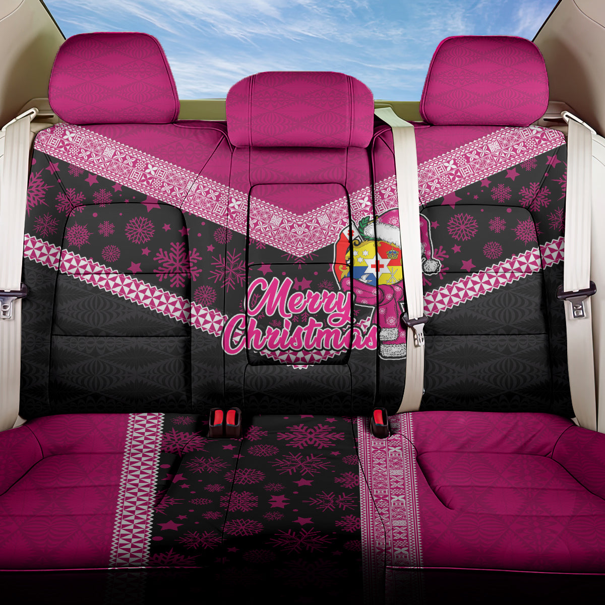 Tonga Christmas Back Car Seat Cover Tongan Coat of Arms Santa With Ngatu Pattern Christmas Pink Style LT03 One Size Pink - Polynesian Pride
