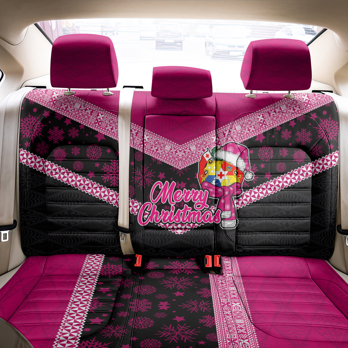 Tonga Christmas Back Car Seat Cover Tongan Coat of Arms Santa With Ngatu Pattern Christmas Pink Style LT03 - Polynesian Pride
