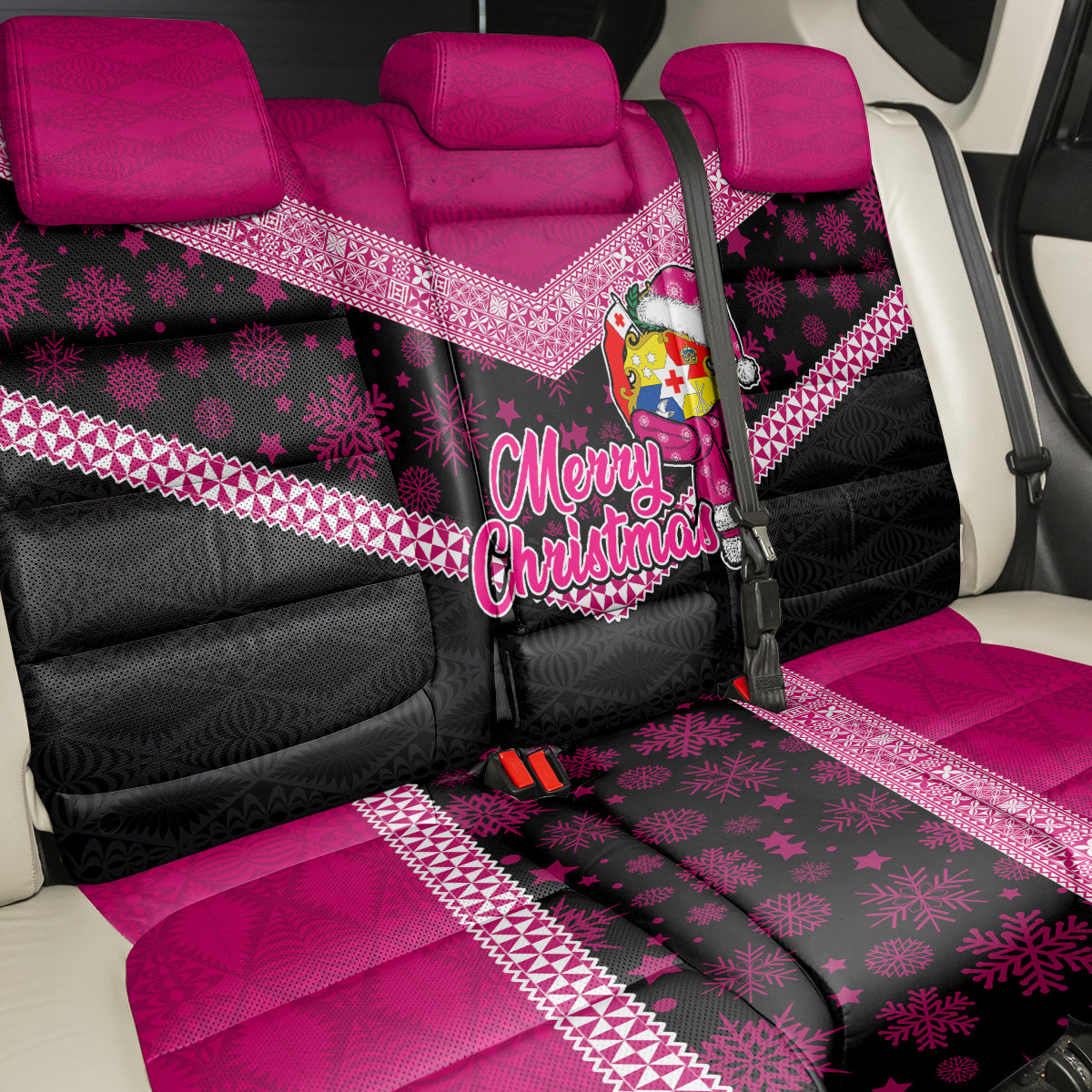 Tonga Christmas Back Car Seat Cover Tongan Coat of Arms Santa With Ngatu Pattern Christmas Pink Style LT03 - Polynesian Pride