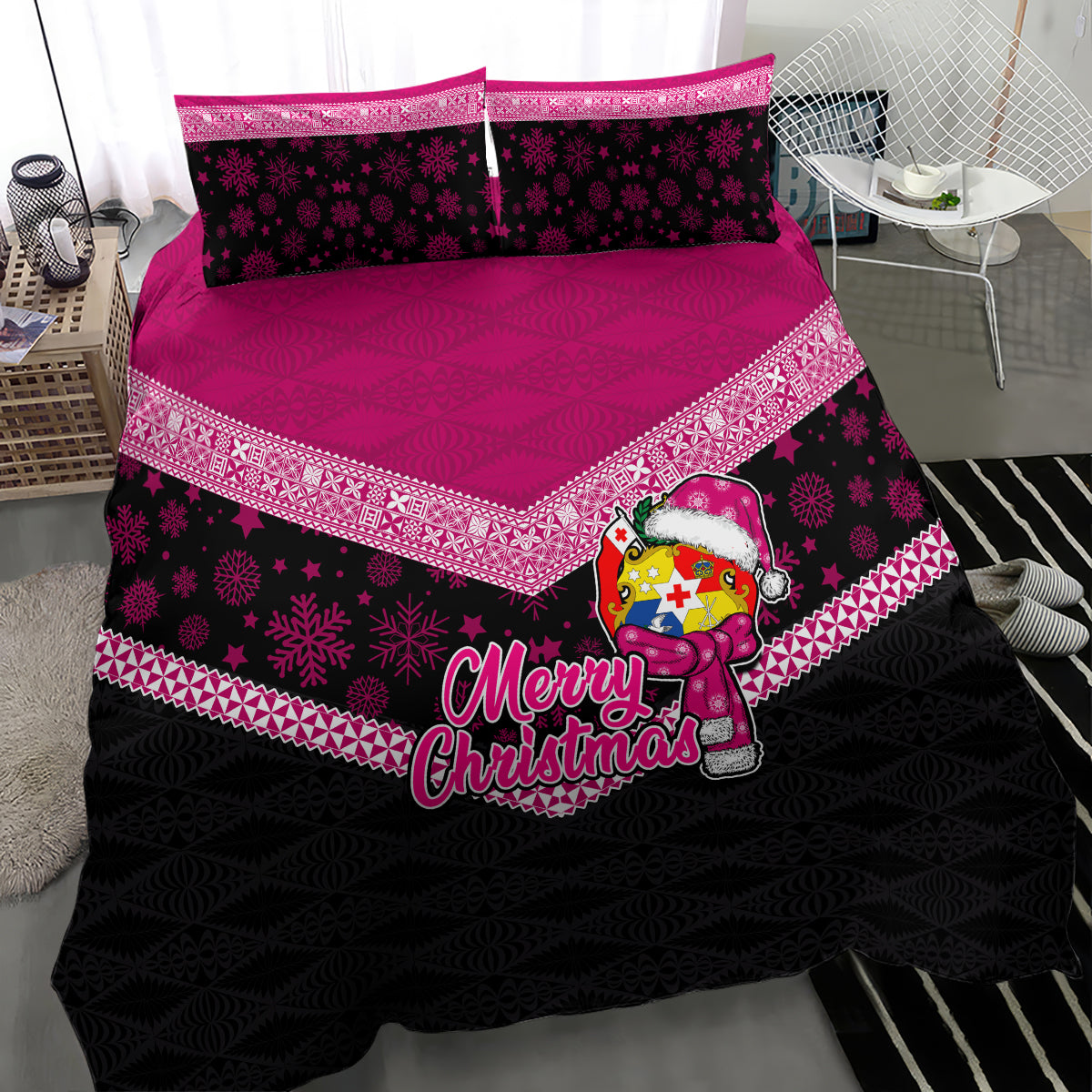 Tonga Christmas Bedding Set Tongan Coat of Arms Santa With Ngatu Pattern Christmas Pink Style LT03 - Polynesian Pride