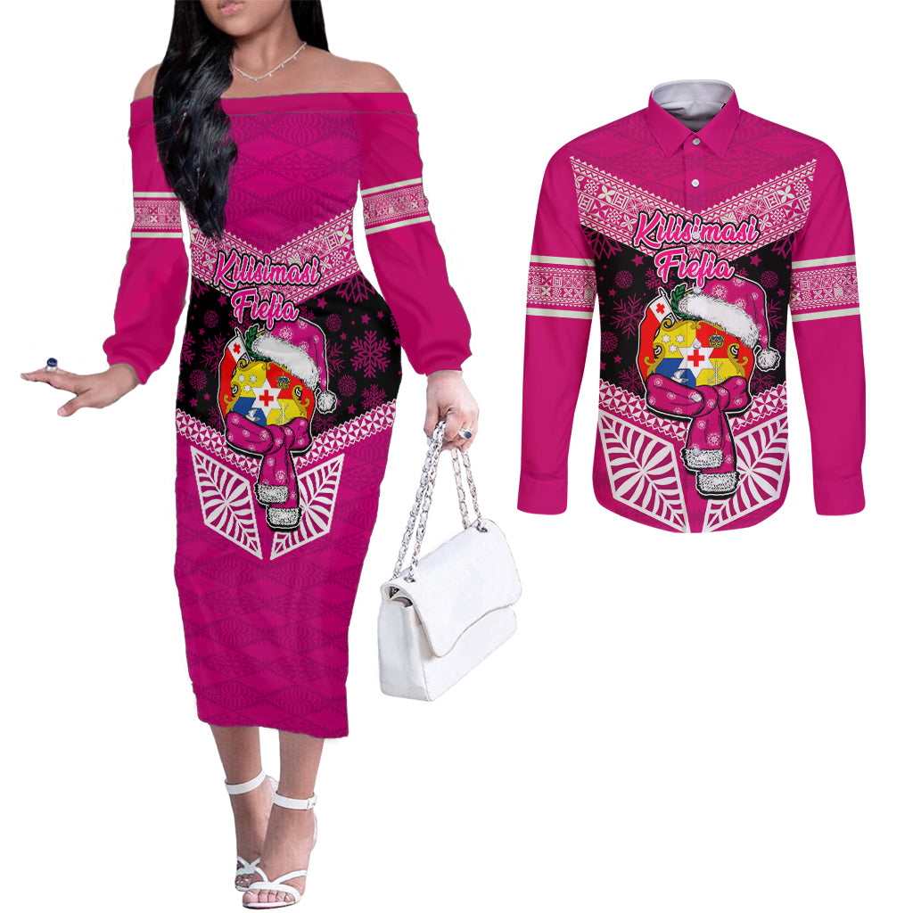 Tonga Christmas Couples Matching Off The Shoulder Long Sleeve Dress and Long Sleeve Button Shirts Tongan Coat of Arms Santa With Ngatu Pattern Christmas Pink Style LT03 Pink - Polynesian Pride