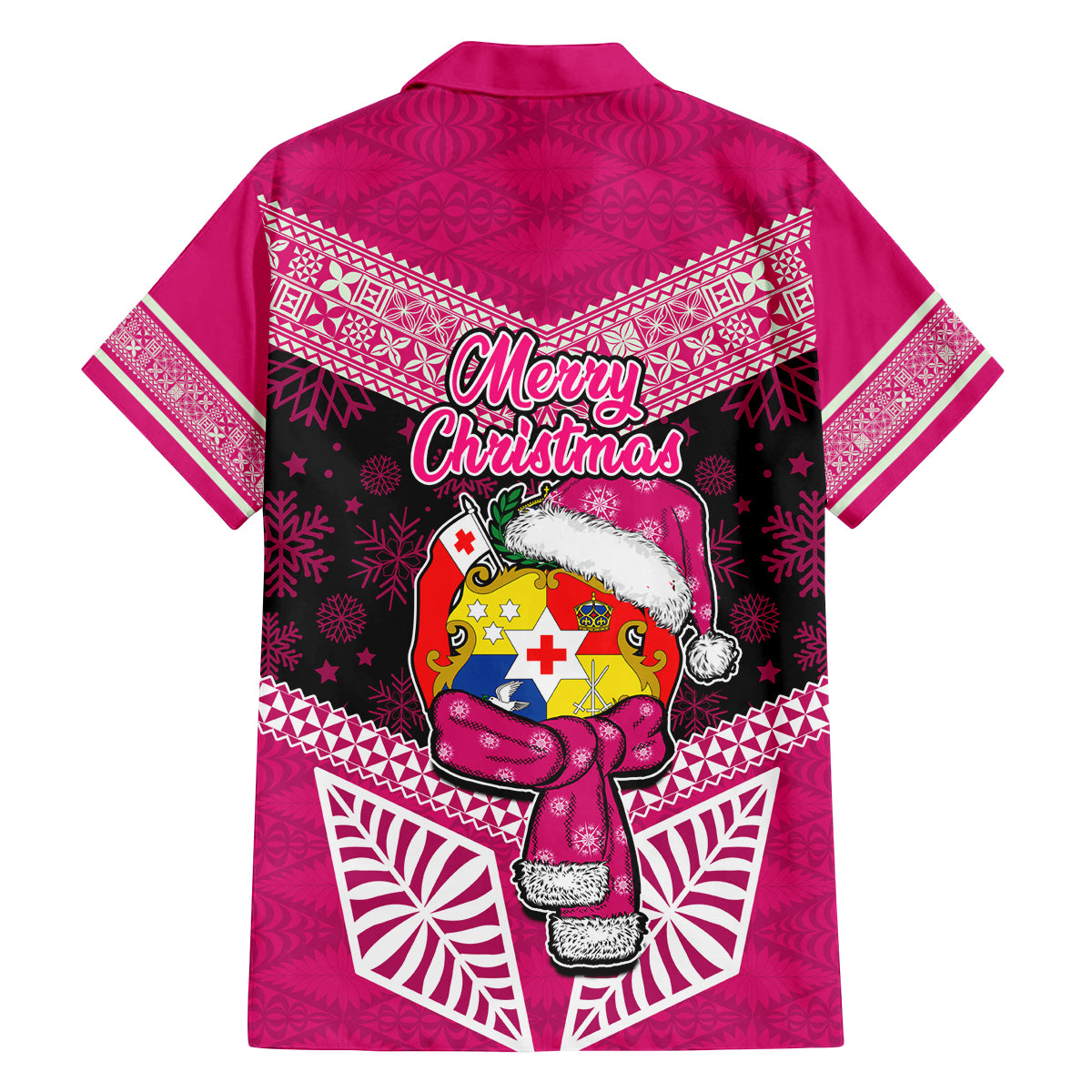 Tonga Christmas Family Matching Off Shoulder Long Sleeve Dress and Hawaiian Shirt Tongan Coat of Arms Santa With Ngatu Pattern Christmas Pink Style LT03 - Polynesian Pride