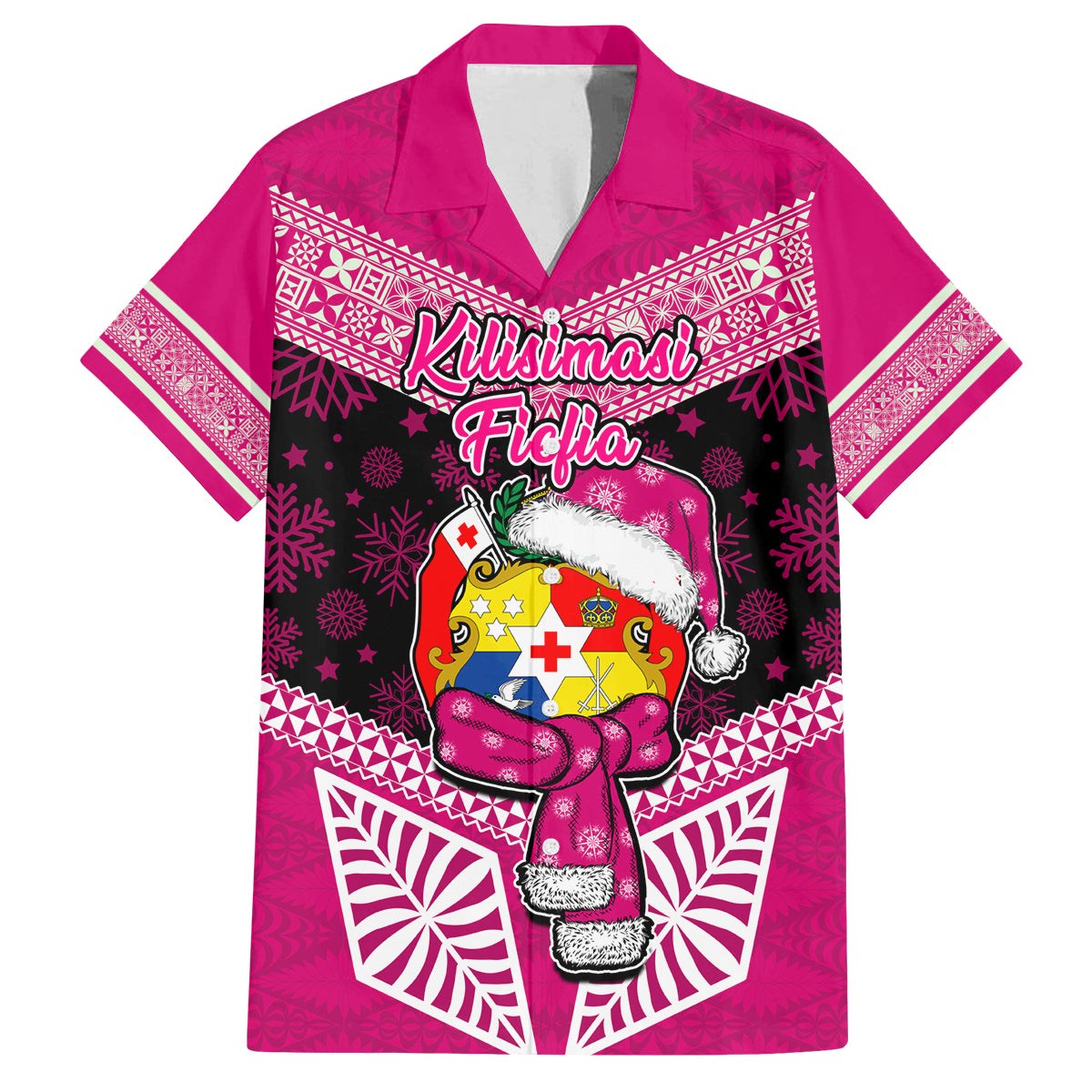 Tonga Christmas Family Matching Off Shoulder Maxi Dress and Hawaiian Shirt Tongan Coat of Arms Santa With Ngatu Pattern Christmas Pink Style LT03 Dad's Shirt - Short Sleeve Pink - Polynesian Pride