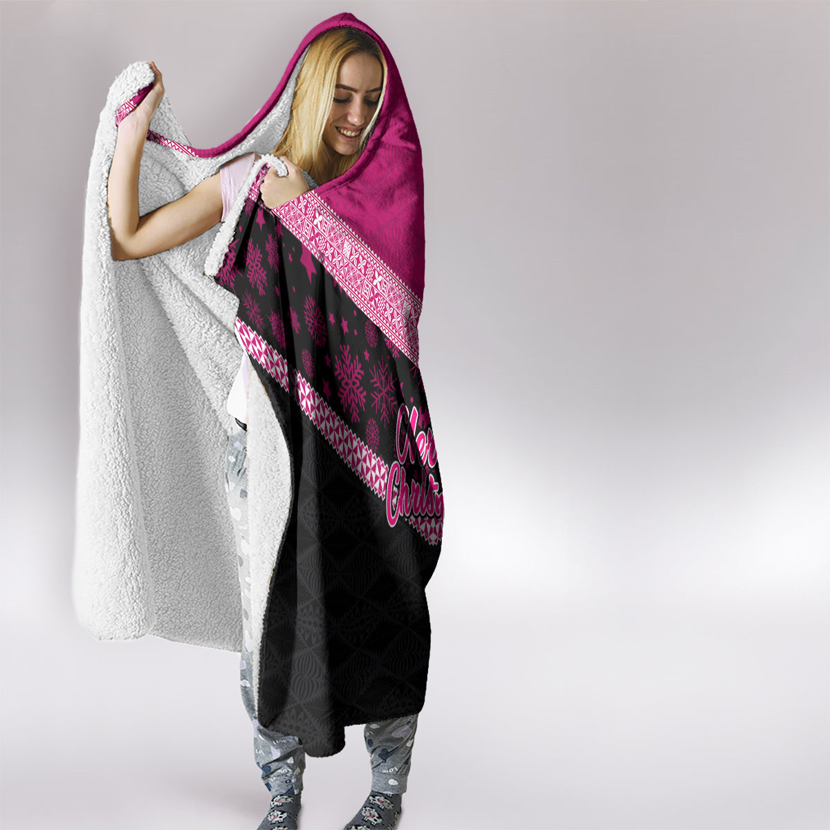 Tonga Christmas Hooded Blanket Tongan Coat of Arms Santa With Ngatu Pattern Christmas Pink Style LT03 - Polynesian Pride