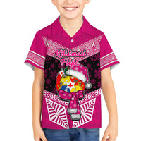 Tonga Christmas Kid Hawaiian Shirt Tongan Coat of Arms Santa With Ngatu Pattern Christmas Pink Style LT03 Kid Pink - Polynesian Pride
