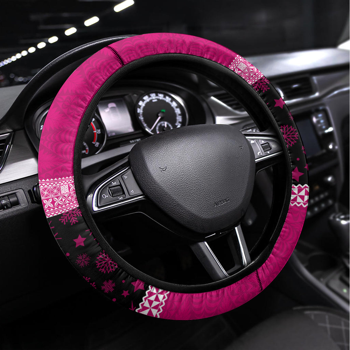 Tonga Christmas Steering Wheel Cover Tongan Coat of Arms Santa With Ngatu Pattern Christmas Pink Style LT03 Universal Fit Pink - Polynesian Pride