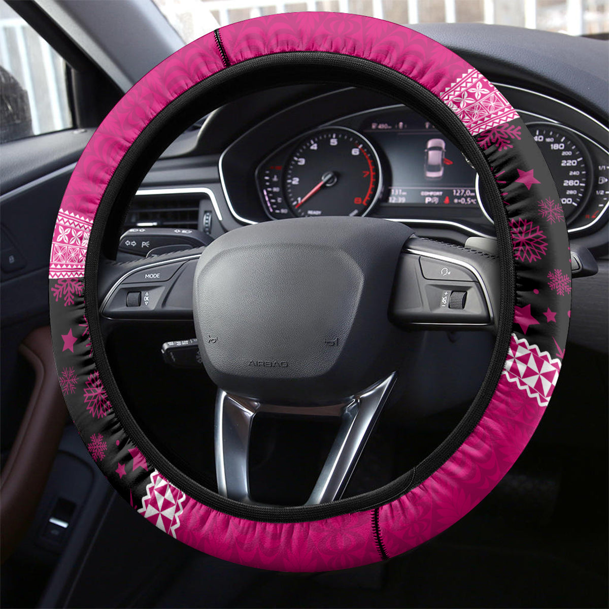 Tonga Christmas Steering Wheel Cover Tongan Coat of Arms Santa With Ngatu Pattern Christmas Pink Style LT03 - Polynesian Pride