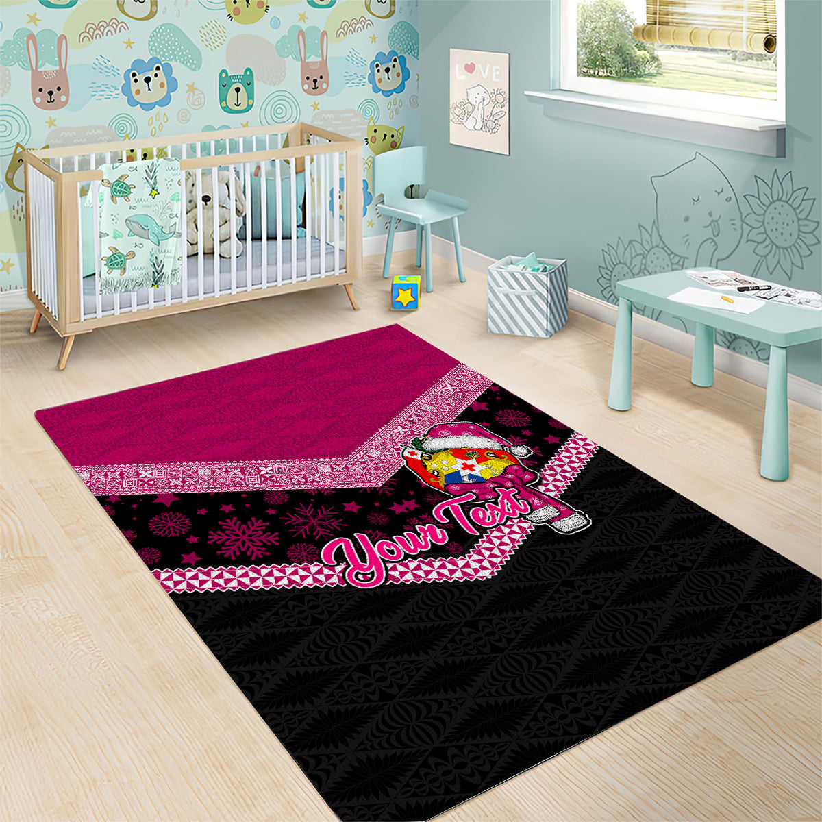Personalised Tonga Christmas Area Rug Tongan Coat of Arms Santa With Ngatu Pattern Christmas Pink Style LT03 - Polynesian Pride