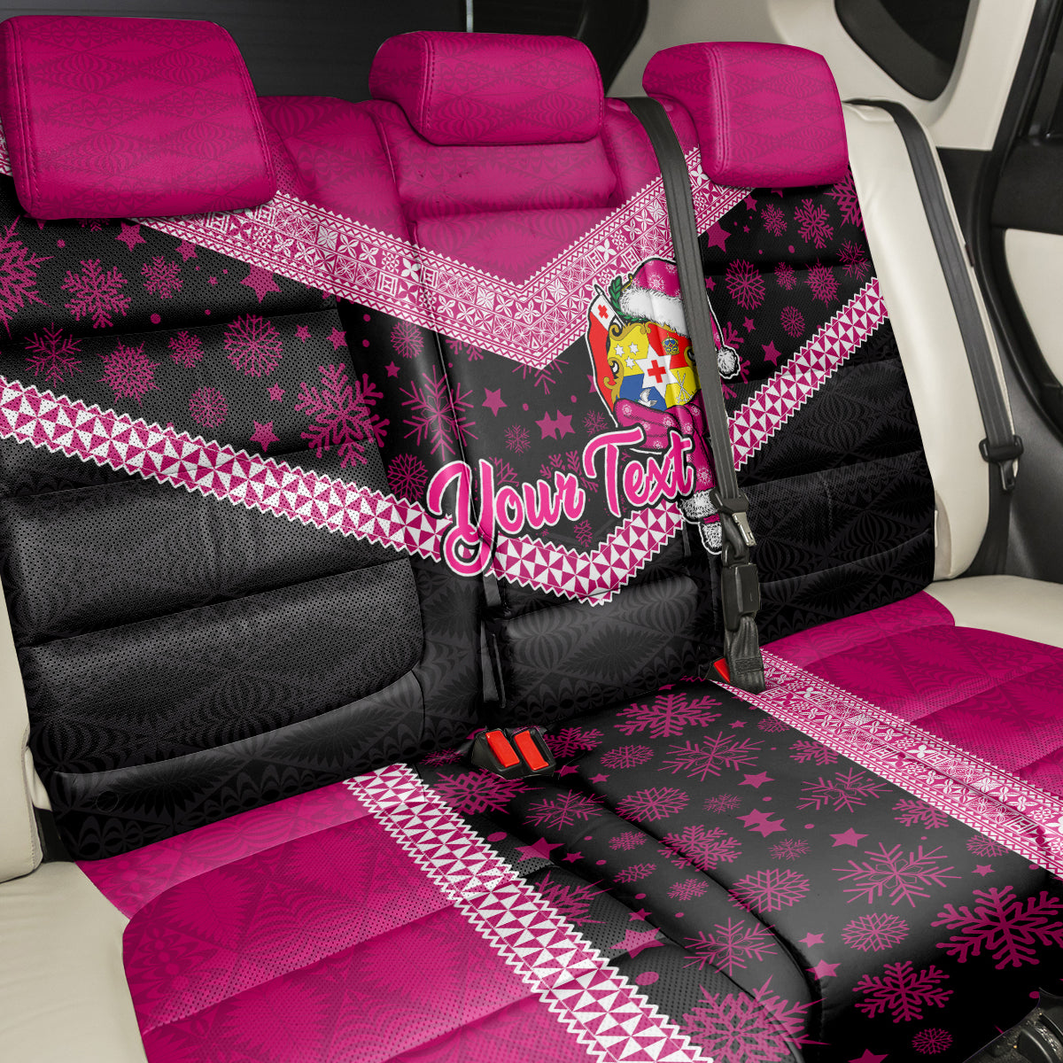 Personalised Tonga Christmas Back Car Seat Cover Tongan Coat of Arms Santa With Ngatu Pattern Christmas Pink Style LT03 - Polynesian Pride