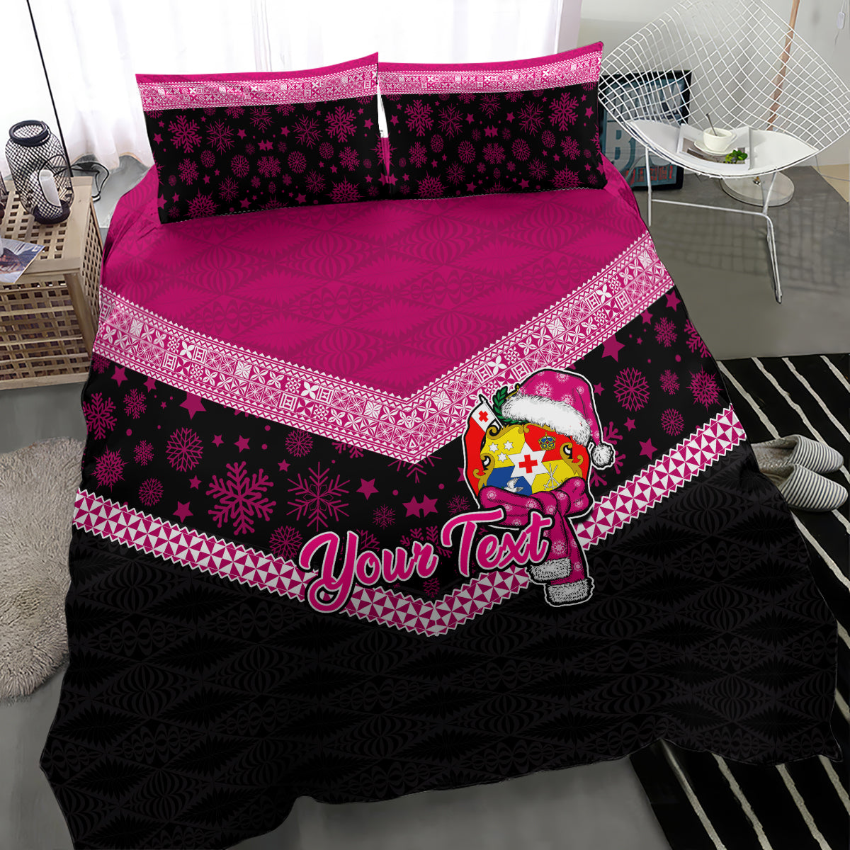 Personalised Tonga Christmas Bedding Set Tongan Coat of Arms Santa With Ngatu Pattern Christmas Pink Style LT03 - Polynesian Pride