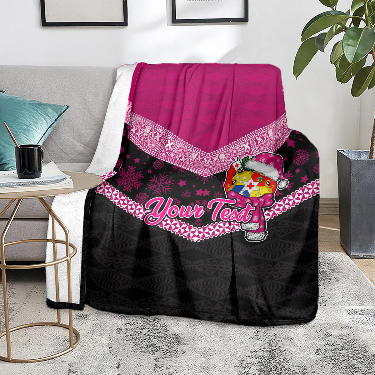 Personalised Tonga Christmas Blanket Tongan Coat of Arms Santa With Ngatu Pattern Christmas Pink Style LT03 - Polynesian Pride