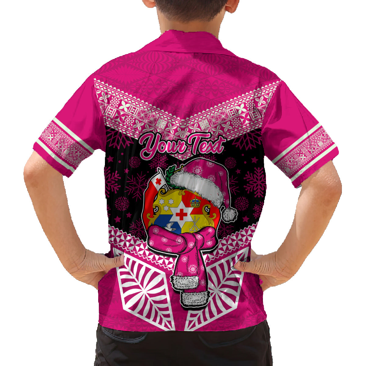 Personalised Tonga Christmas Family Matching Off Shoulder Long Sleeve Dress and Hawaiian Shirt Tongan Coat of Arms Santa With Ngatu Pattern Christmas Pink Style LT03 - Polynesian Pride