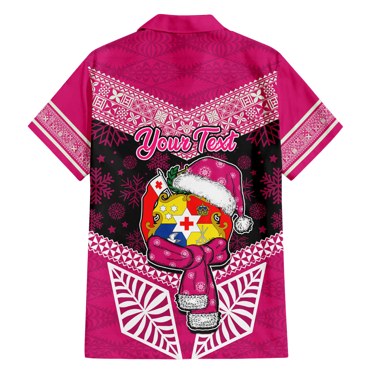 Personalised Tonga Christmas Family Matching Off Shoulder Long Sleeve Dress and Hawaiian Shirt Tongan Coat of Arms Santa With Ngatu Pattern Christmas Pink Style LT03 - Polynesian Pride