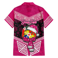 Personalised Tonga Christmas Family Matching Off Shoulder Long Sleeve Dress and Hawaiian Shirt Tongan Coat of Arms Santa With Ngatu Pattern Christmas Pink Style LT03 - Polynesian Pride
