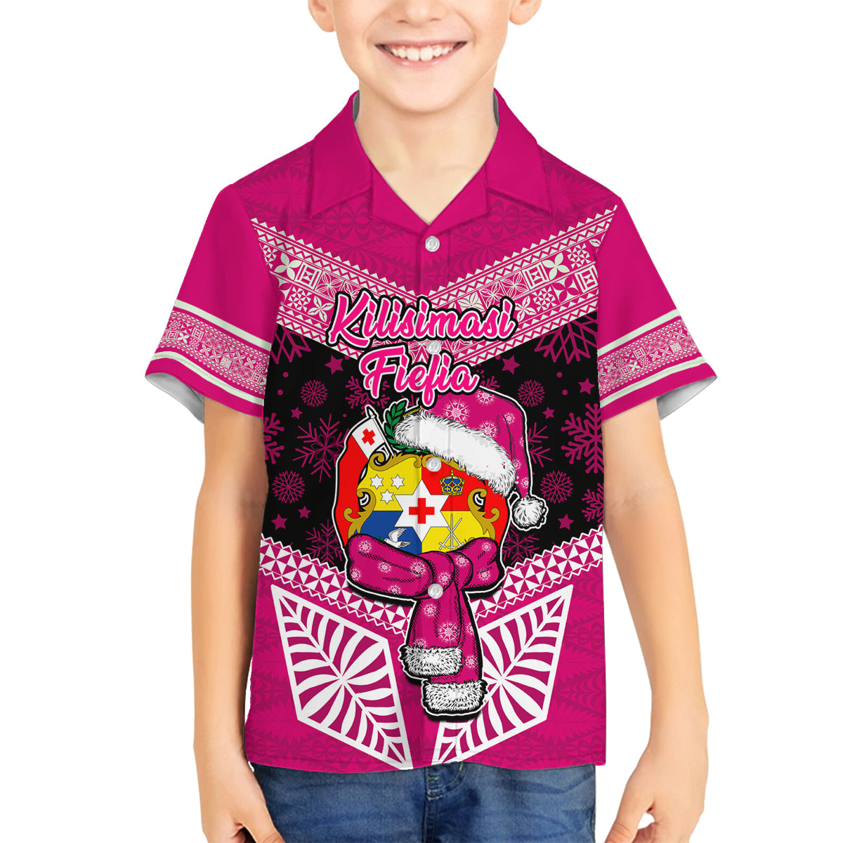 Personalised Tonga Christmas Family Matching Off Shoulder Long Sleeve Dress and Hawaiian Shirt Tongan Coat of Arms Santa With Ngatu Pattern Christmas Pink Style LT03 Son's Shirt Pink - Polynesian Pride