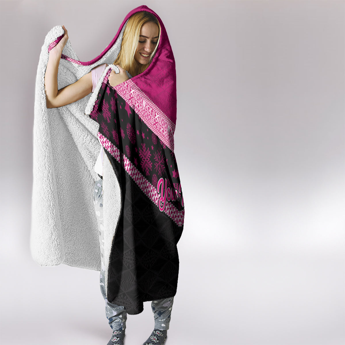 Personalised Tonga Christmas Hooded Blanket Tongan Coat of Arms Santa With Ngatu Pattern Christmas Pink Style LT03 - Polynesian Pride