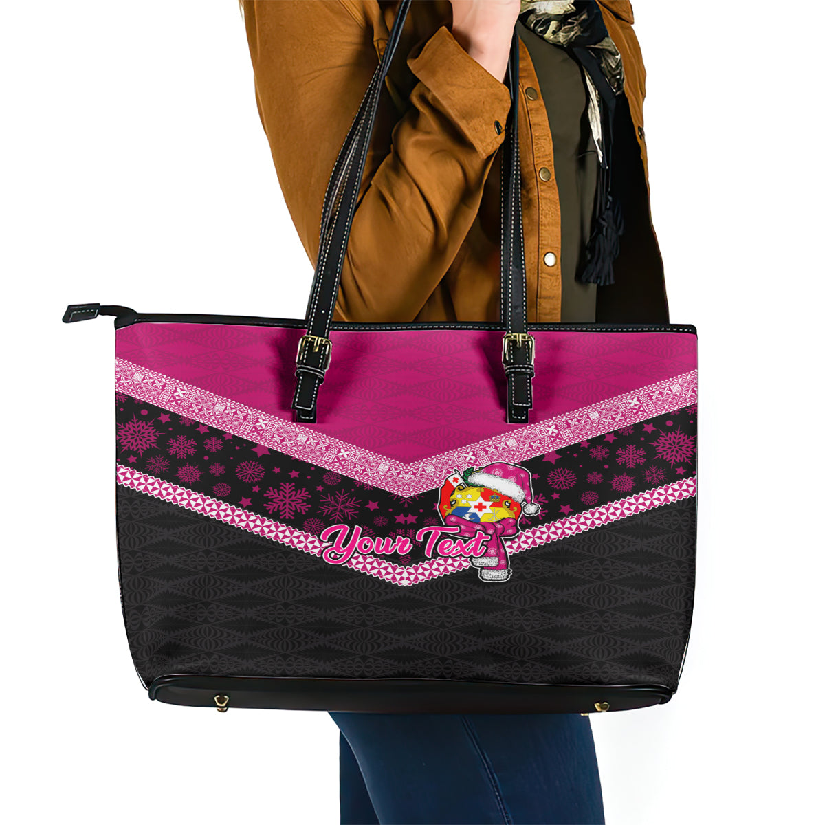 Personalised Tonga Christmas Leather Tote Bag Tongan Coat of Arms Santa With Ngatu Pattern Christmas Pink Style LT03 - Polynesian Pride