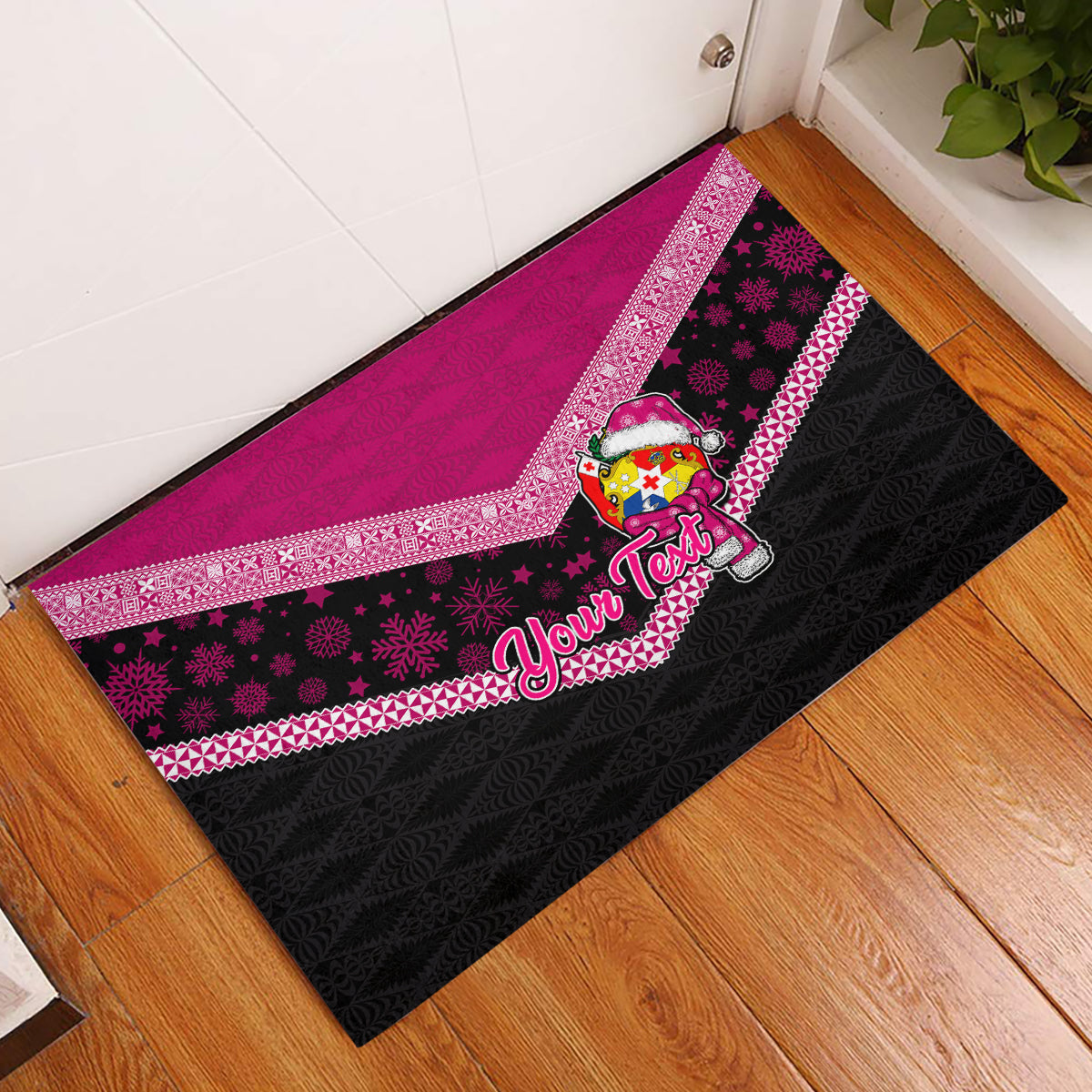 Personalised Tonga Christmas Rubber Doormat Tongan Coat of Arms Santa With Ngatu Pattern Christmas Pink Style LT03 Pink - Polynesian Pride
