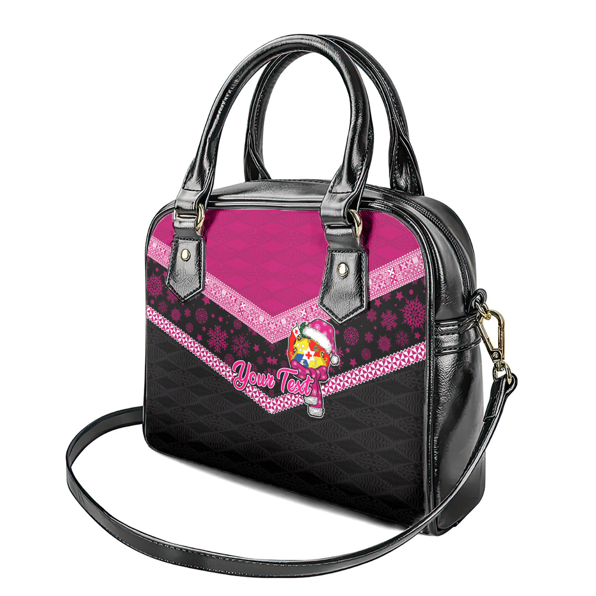 Personalised Tonga Christmas Shoulder Handbag Tongan Coat of Arms Santa With Ngatu Pattern Christmas Pink Style LT03 - Polynesian Pride