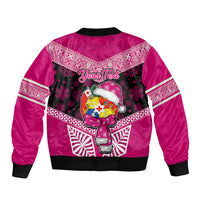 Personalised Tonga Christmas Sleeve Zip Bomber Jacket Tongan Coat of Arms Santa With Ngatu Pattern Christmas Pink Style LT03 - Polynesian Pride
