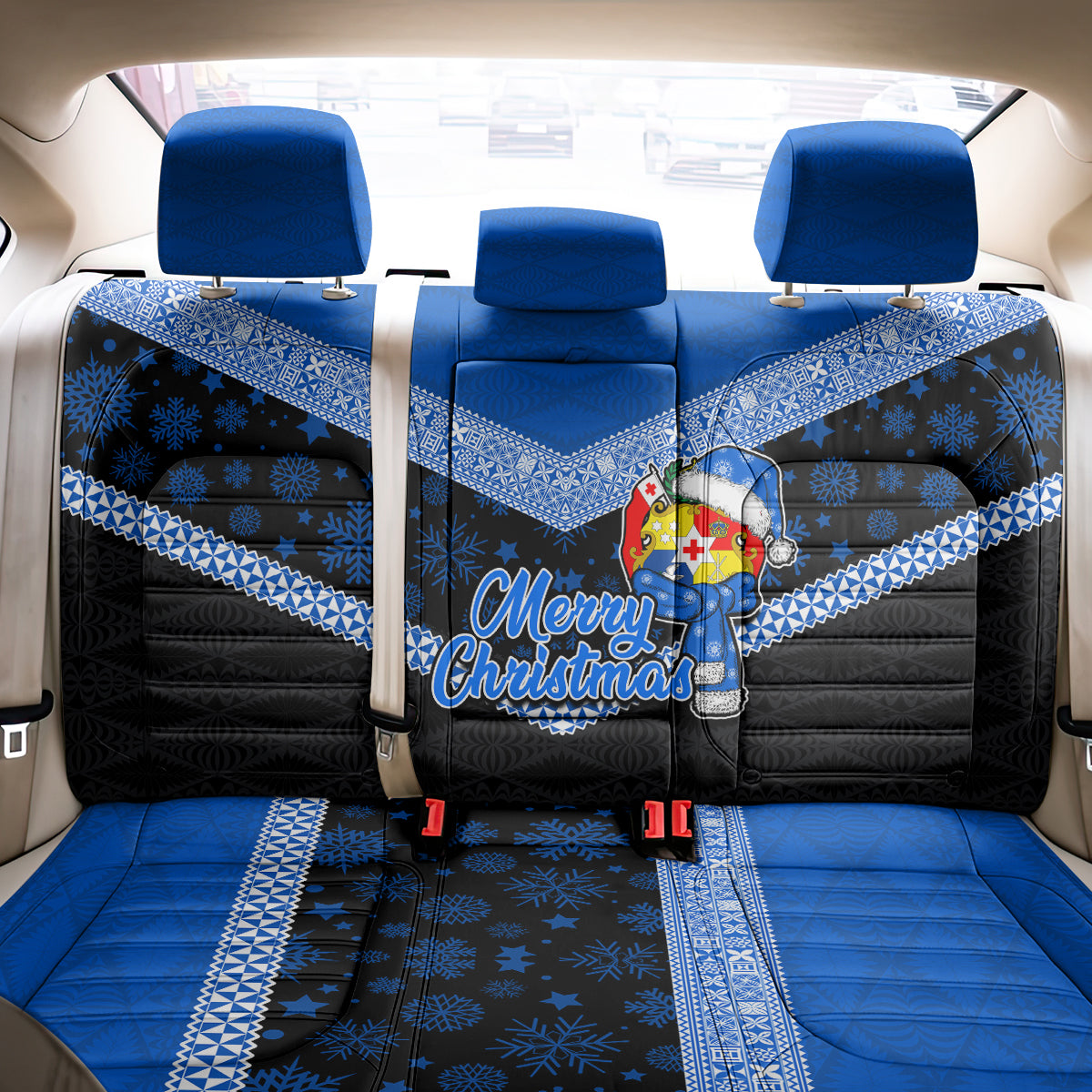 Tonga Christmas Back Car Seat Cover Tongan Coat of Arms Santa With Ngatu Pattern Christmas Blue Style LT03 - Polynesian Pride