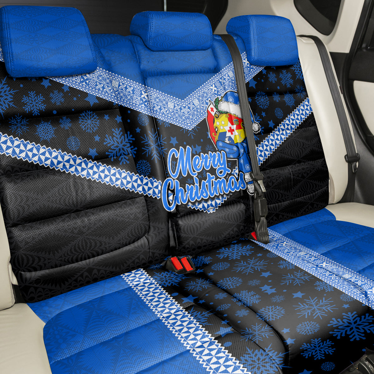 Tonga Christmas Back Car Seat Cover Tongan Coat of Arms Santa With Ngatu Pattern Christmas Blue Style LT03 - Polynesian Pride