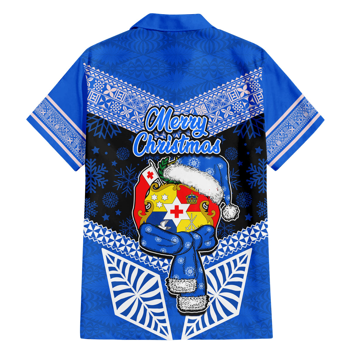 Tonga Christmas Family Matching Off Shoulder Maxi Dress and Hawaiian Shirt Tongan Coat of Arms Santa With Ngatu Pattern Christmas Blue Style LT03 - Polynesian Pride