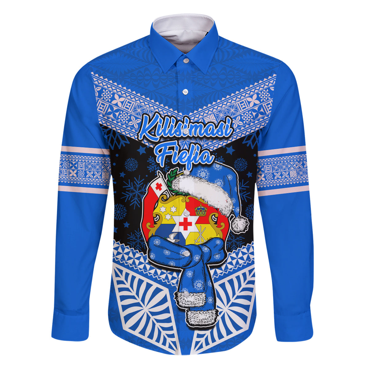 Tonga Christmas Family Matching Puletasi Dress and Hawaiian Shirt Tongan Coat of Arms Santa With Ngatu Pattern Christmas Blue Style LT03 Dad's Shirt - Long Sleeve Blue - Polynesian Pride