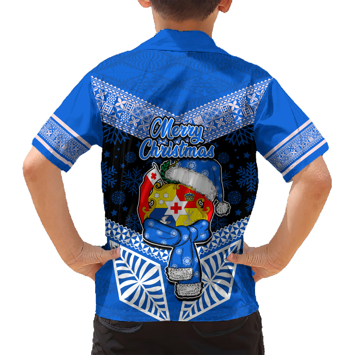 Tonga Christmas Kid Hawaiian Shirt Tongan Coat of Arms Santa With Ngatu Pattern Christmas Blue Style LT03 - Polynesian Pride