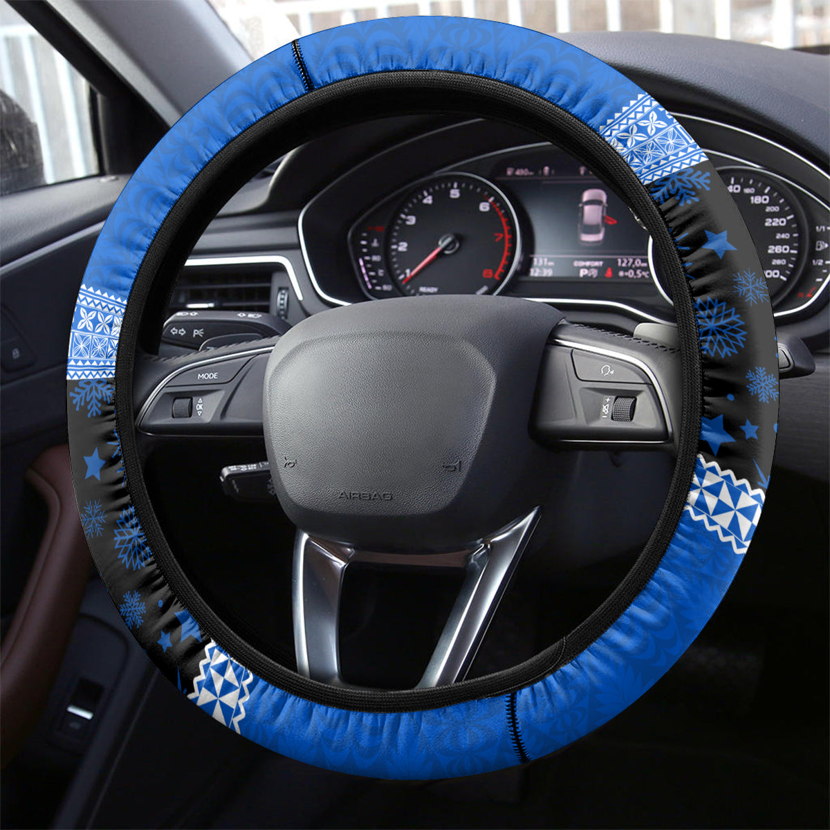 Tonga Christmas Steering Wheel Cover Tongan Coat of Arms Santa With Ngatu Pattern Christmas Blue Style LT03 - Polynesian Pride