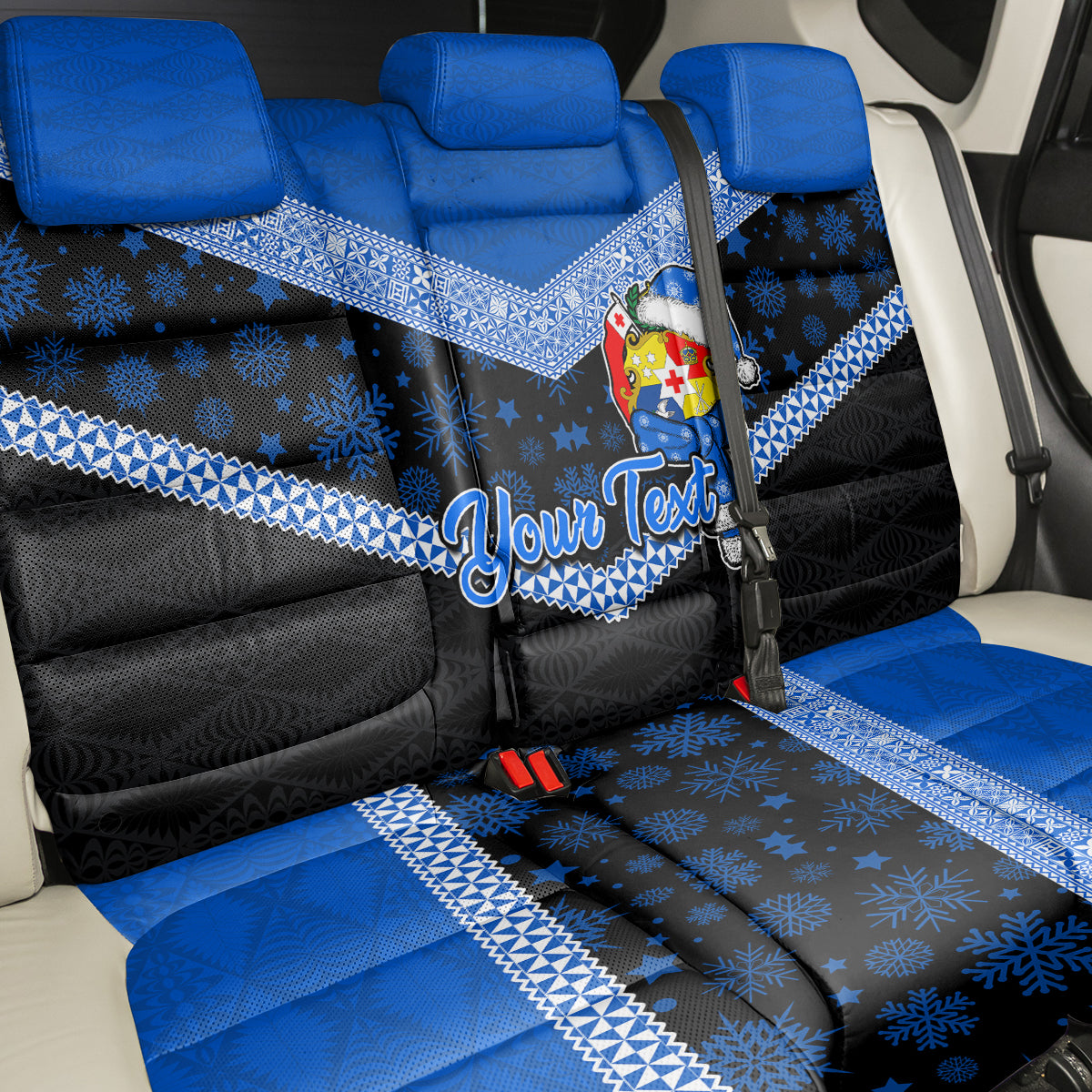 Personalised Tonga Christmas Back Car Seat Cover Tongan Coat of Arms Santa With Ngatu Pattern Christmas Blue Style LT03 - Polynesian Pride