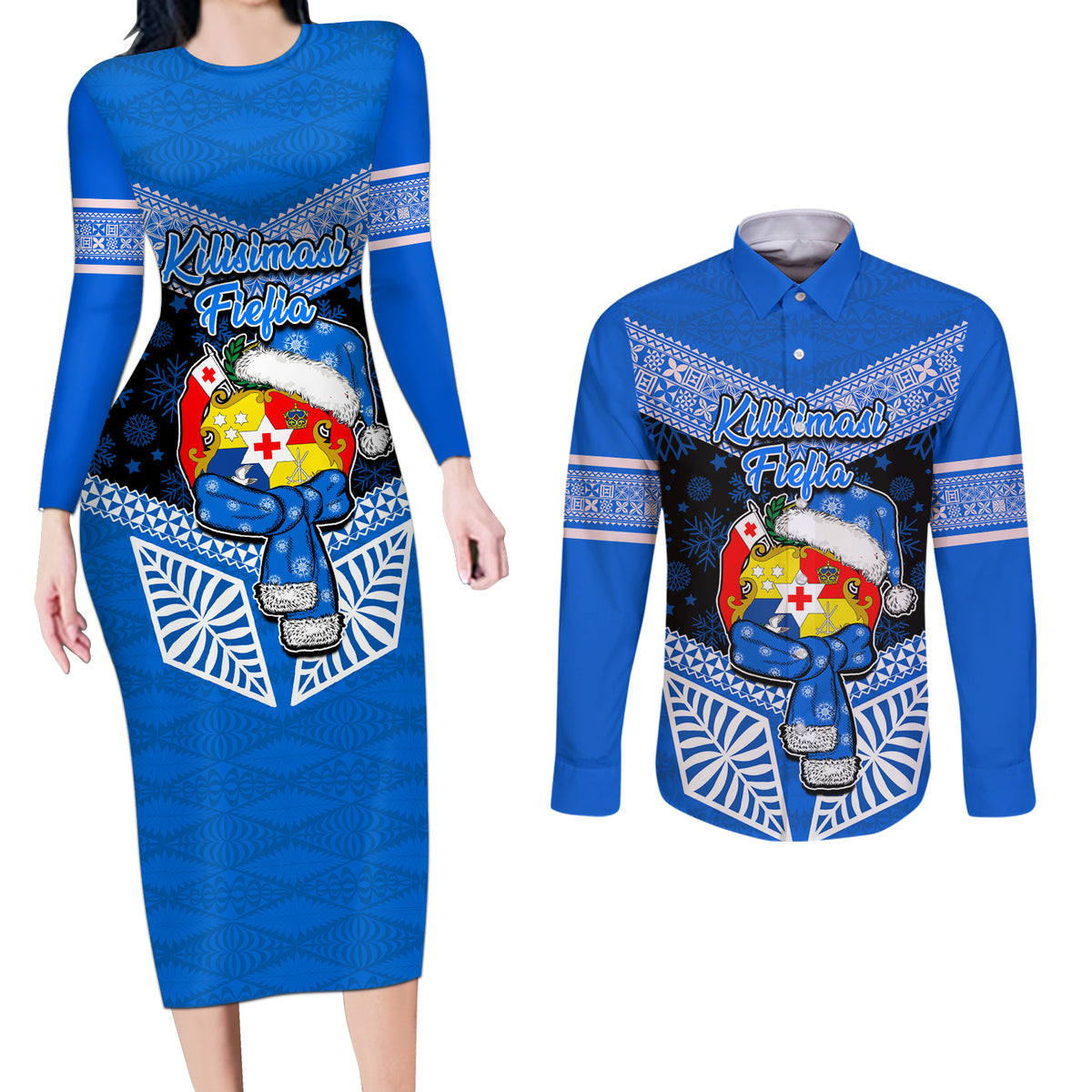 Personalised Tonga Christmas Couples Matching Long Sleeve Bodycon Dress and Long Sleeve Button Shirts Tongan Coat of Arms Santa With Ngatu Pattern Christmas Blue Style LT03 Blue - Polynesian Pride