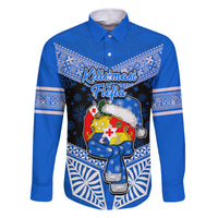 Personalised Tonga Christmas Family Matching Mermaid Dress and Hawaiian Shirt Tongan Coat of Arms Santa With Ngatu Pattern Christmas Blue Style LT03 Dad's Shirt - Long Sleeve Blue - Polynesian Pride