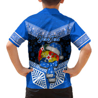 Personalised Tonga Christmas Family Matching Off Shoulder Long Sleeve Dress and Hawaiian Shirt Tongan Coat of Arms Santa With Ngatu Pattern Christmas Blue Style LT03 - Polynesian Pride