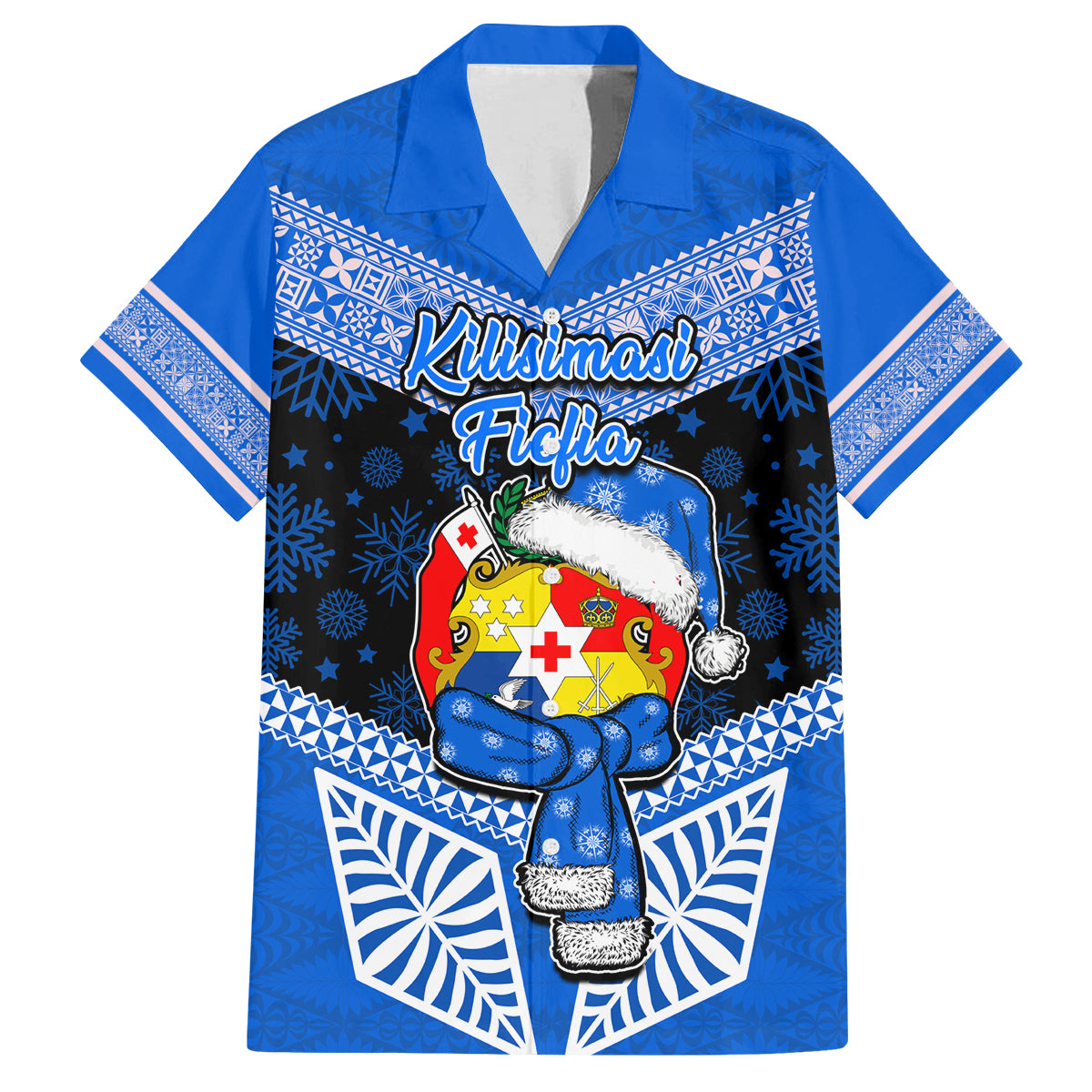 Personalised Tonga Christmas Family Matching Tank Maxi Dress and Hawaiian Shirt Tongan Coat of Arms Santa With Ngatu Pattern Christmas Blue Style LT03 Dad's Shirt - Short Sleeve Blue - Polynesian Pride