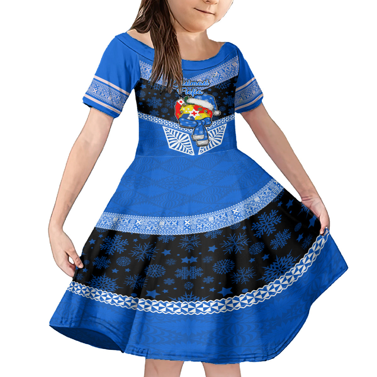 Personalised Tonga Christmas Kid Short Sleeve Dress Tongan Coat of Arms Santa With Ngatu Pattern Christmas Blue Style LT03 KID Blue - Polynesian Pride