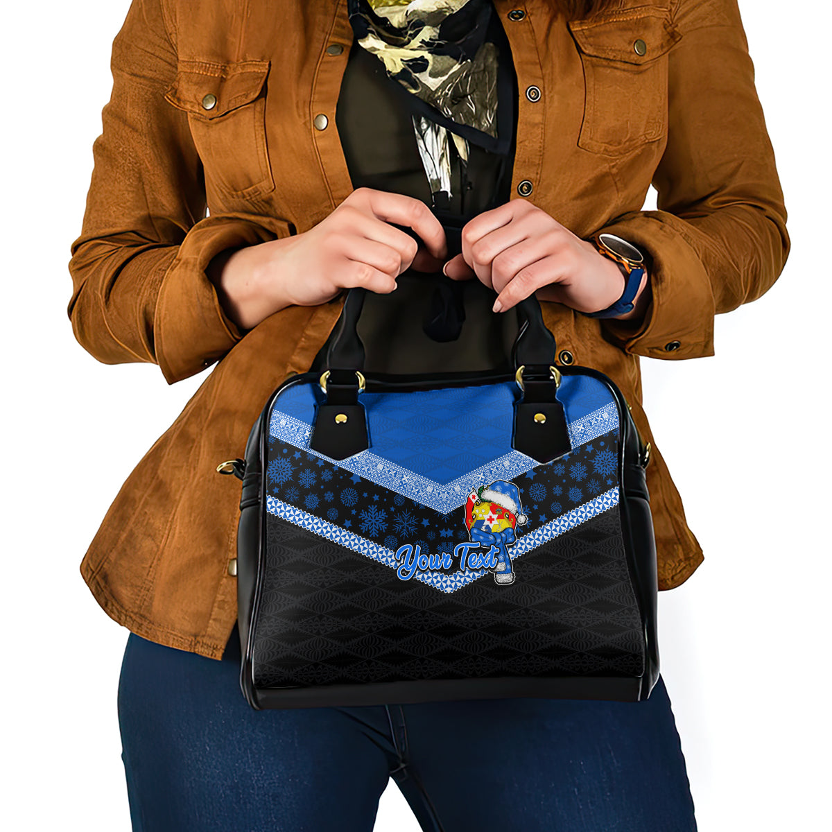Personalised Tonga Christmas Shoulder Handbag Tongan Coat of Arms Santa With Ngatu Pattern Christmas Blue Style LT03 - Polynesian Pride