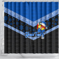 Personalised Tonga Christmas Shower Curtain Tongan Coat of Arms Santa With Ngatu Pattern Christmas Blue Style LT03 - Polynesian Pride