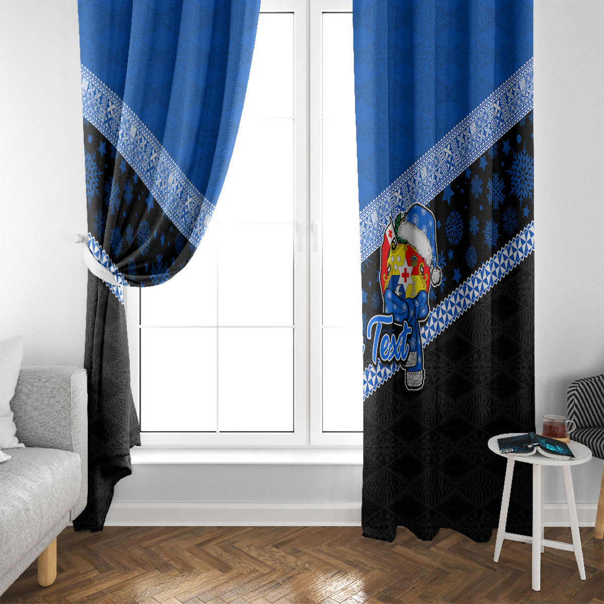 Personalised Tonga Christmas Window Curtain Tongan Coat of Arms Santa With Ngatu Pattern Christmas Blue Style LT03 - Polynesian Pride