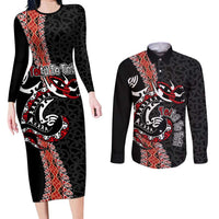 Aotearoa Toitu Te Tiriti Couples Matching Long Sleeve Bodycon Dress and Long Sleeve Button Shirt Maori Taniwha Haka - Honour the Treaty LT03 Black - Polynesian Pride