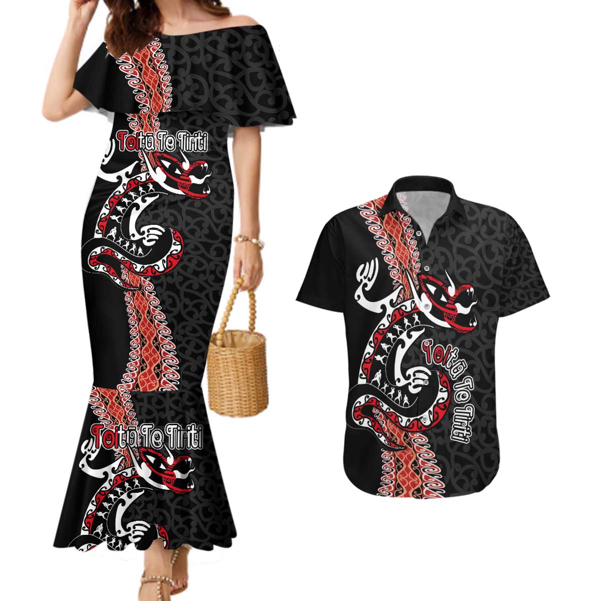 Aotearoa Toitu Te Tiriti Couples Matching Mermaid Dress and Hawaiian Shirt Maori Taniwha Haka - Honour the Treaty LT03 Black - Polynesian Pride