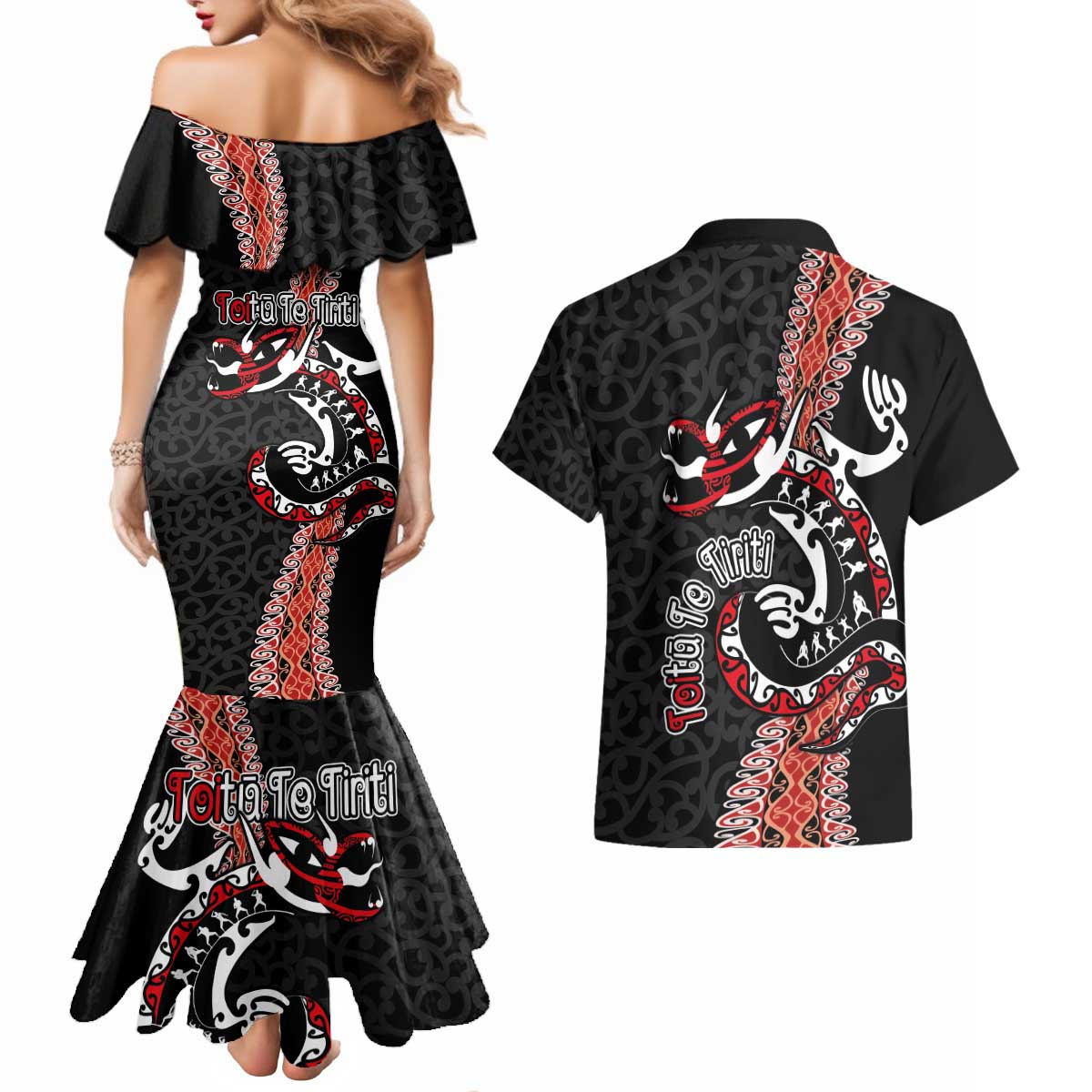 Aotearoa Toitu Te Tiriti Couples Matching Mermaid Dress and Hawaiian Shirt Maori Taniwha Haka - Honour the Treaty LT03 - Polynesian Pride