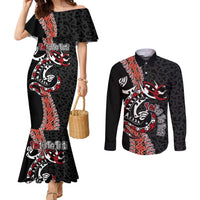 Aotearoa Toitu Te Tiriti Couples Matching Mermaid Dress and Long Sleeve Button Shirt Maori Taniwha Haka - Honour the Treaty LT03 Black - Polynesian Pride