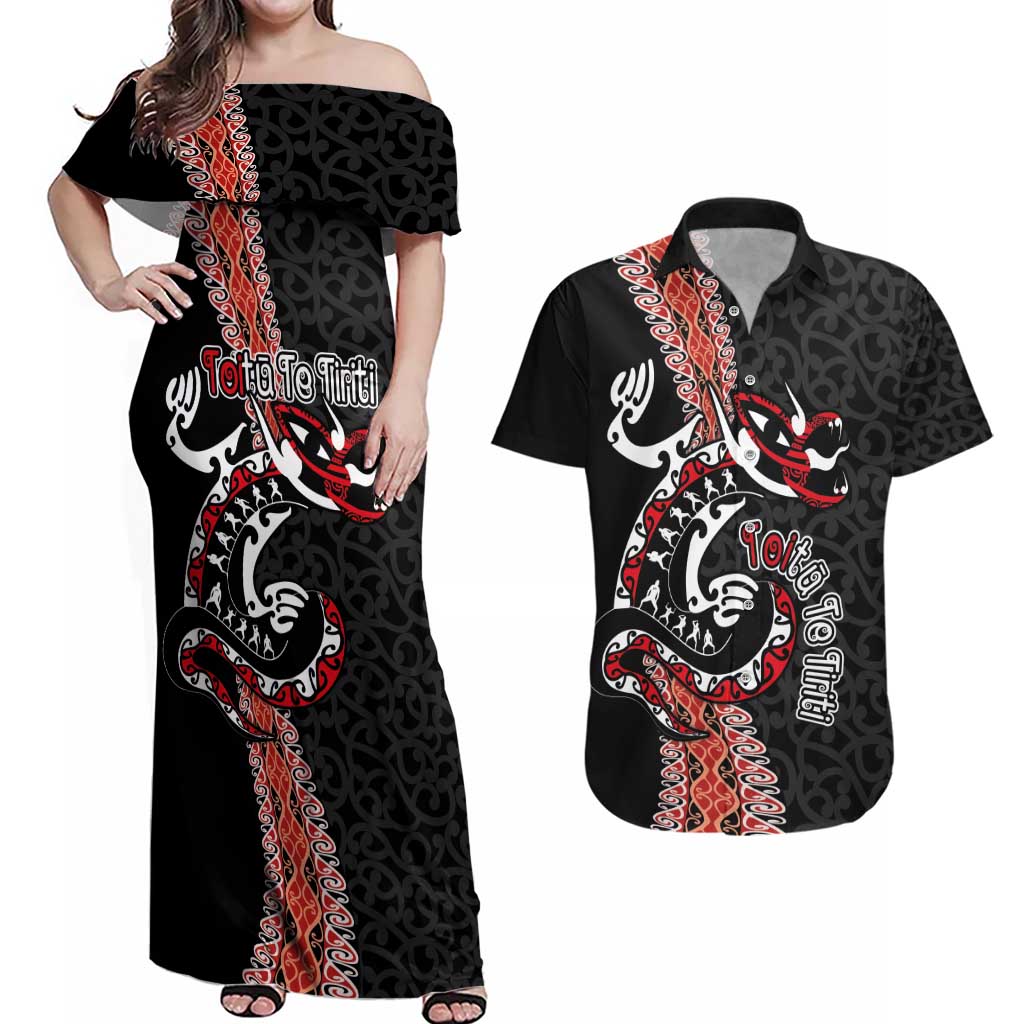 Aotearoa Toitu Te Tiriti Couples Matching Off Shoulder Maxi Dress and Hawaiian Shirt Maori Taniwha Haka - Honour the Treaty LT03 Black - Polynesian Pride