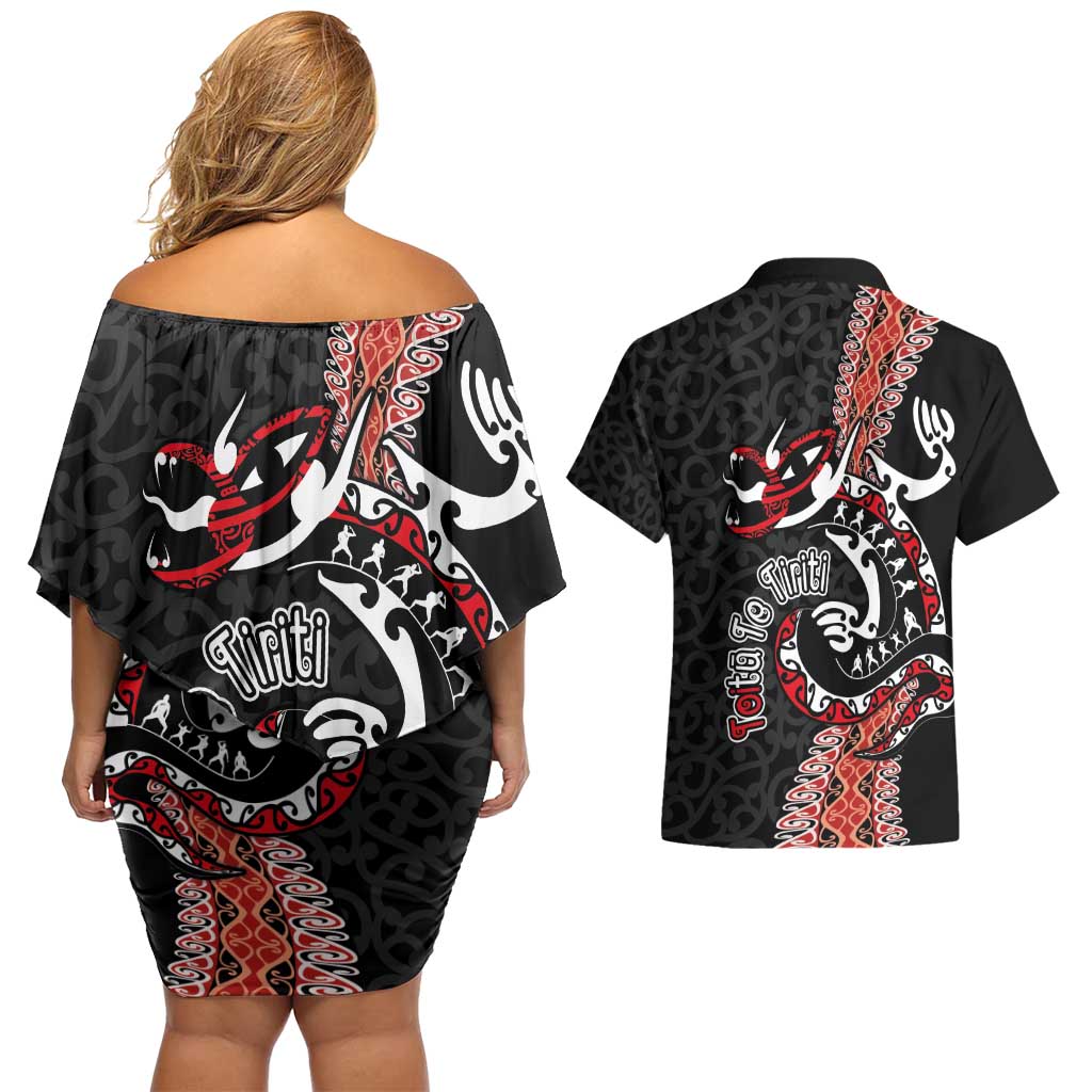 Aotearoa Toitu Te Tiriti Couples Matching Off Shoulder Short Dress and Hawaiian Shirt Maori Taniwha Haka - Honour the Treaty LT03 - Polynesian Pride