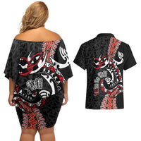 Aotearoa Toitu Te Tiriti Couples Matching Off Shoulder Short Dress and Hawaiian Shirt Maori Taniwha Haka - Honour the Treaty LT03 - Polynesian Pride
